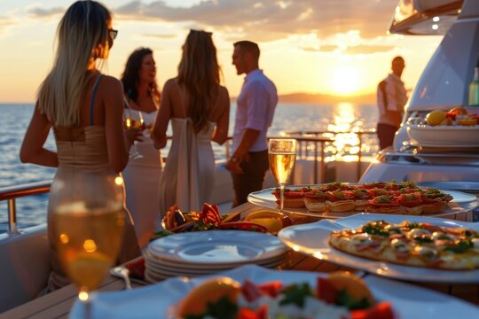 Elegant sunset party on a yacht with people enjoying drinks and appetizers by the sea.